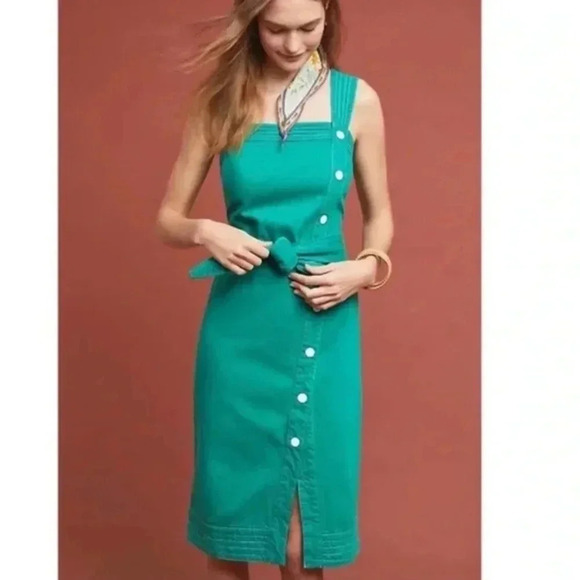 Anthropologie Maeve Elizabeth Green Side Button Denim Dress Size 24w Overalls - Picture 1 of 6